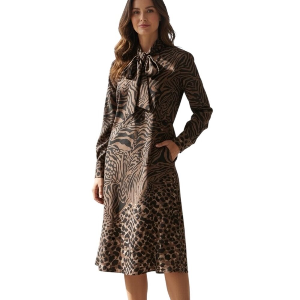 Black Label by Chico's Animal Print Tie Neck Midi Dress M Zrbra Cheetah Mixed
